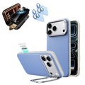 Misty Blue Vegan Leather iPhone 18 Pro Magsafe Phone Case with Stand pair corning glass privacy screen protector and camera lens protector