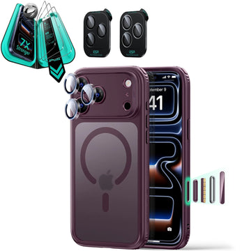 Frosted Burgundy iPhone 18 Pro Magsafe Slim Phone Case with armorite tempered glass screen protector and camera lens protector