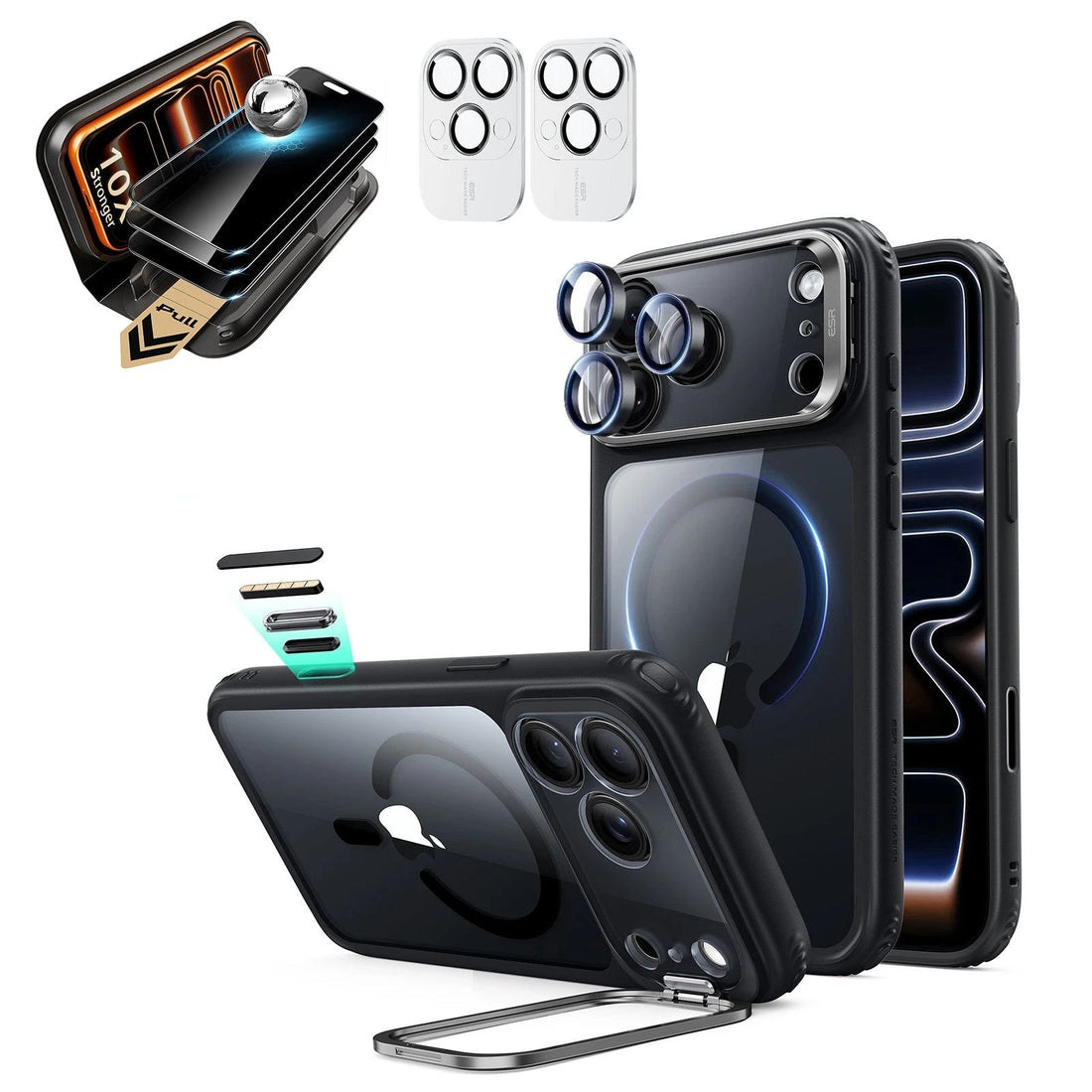 Clear Black iPhone 18 Pro Magsafe Slim Phone Case with Stand pair corning privacy glass privacy screen protector and camera lens protector