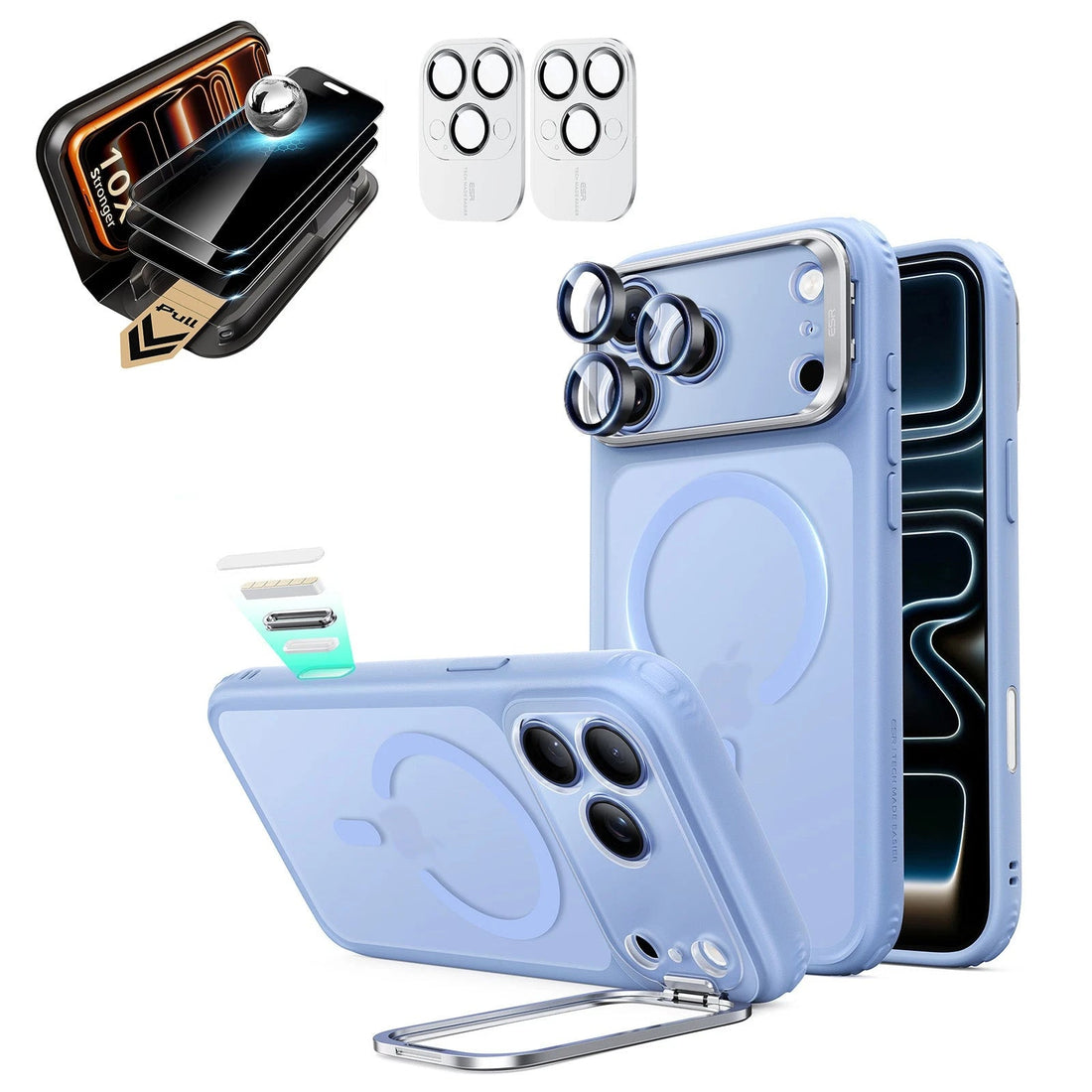 Frosted Misty Blue iPhone 18 Pro Magsafe Slim Phone Case with Stand pair corning privacy glass privacy screen protector and camera lens protector