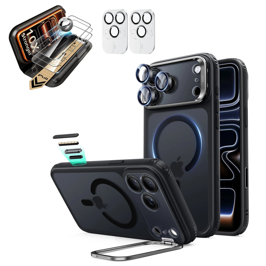 Frosted Black iPhone 18 Pro Magsafe Slim Phone Case with Stand pair corning glass screen protector and camera lens protector