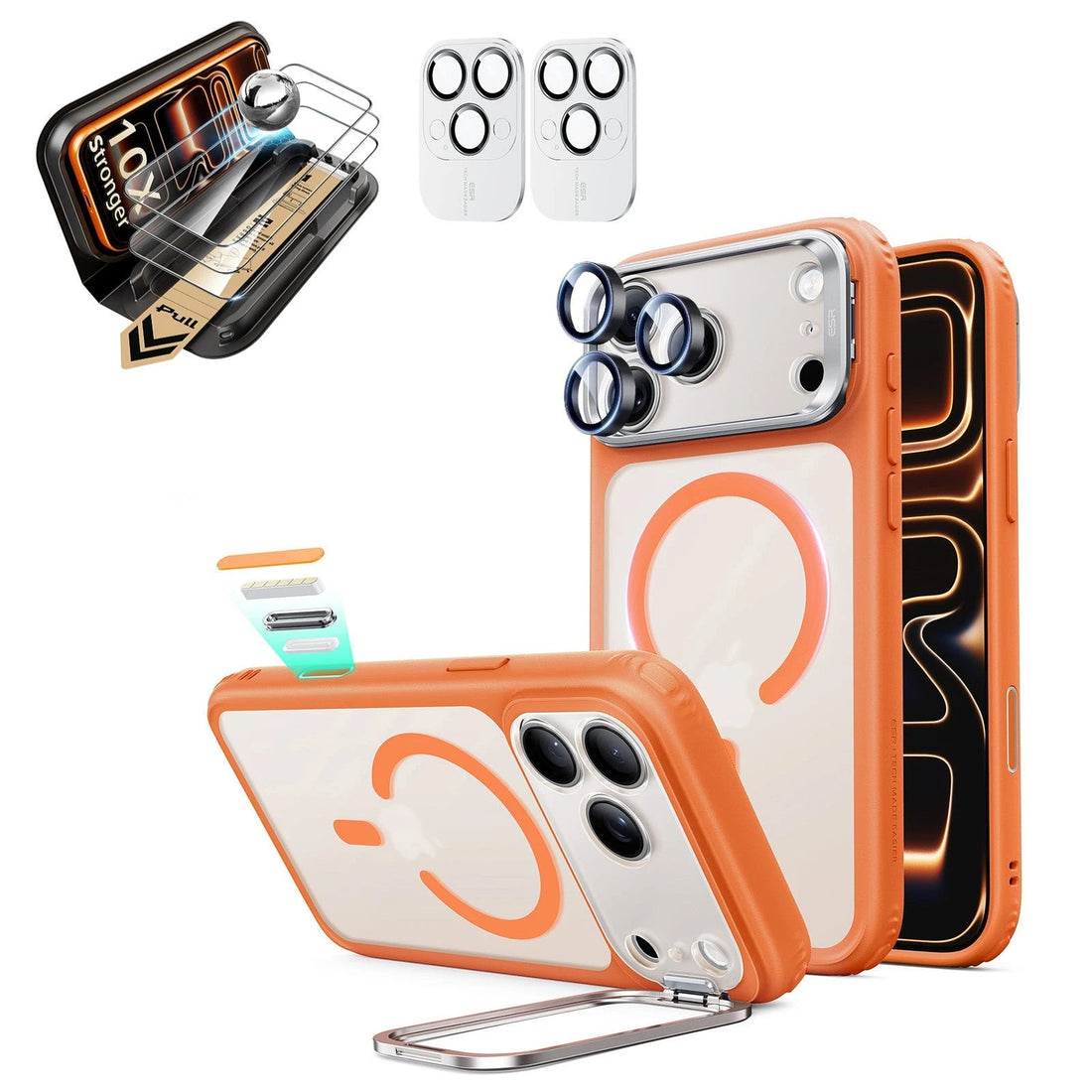 Frosted Orange iPhone 18 Pro Magsafe Slim Phone Case with Stand pair corning glass screen protector and camera lens protector