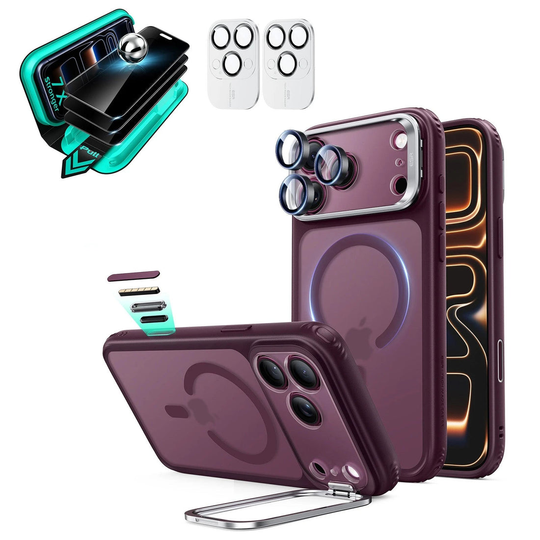 Frosted Burgundy iPhone 18 Pro Magsafe Slim Phone Case with Stand pair tempered glass privacy screen protector and camera lens protector
