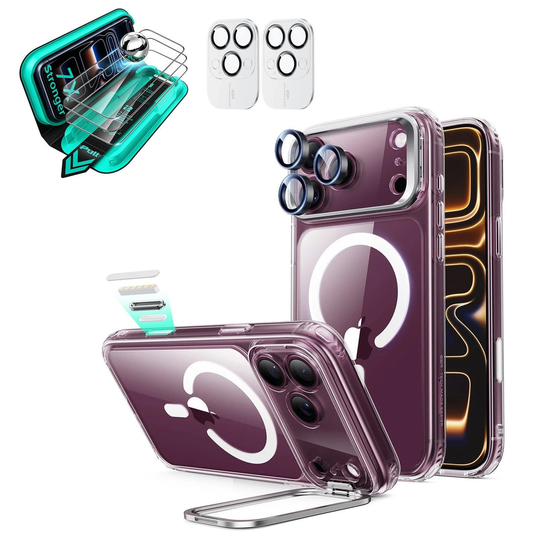 Clear iPhone 18 Pro Magsafe Slim Phone Case with Stand pair tempered glass screen protector and camera lens protector