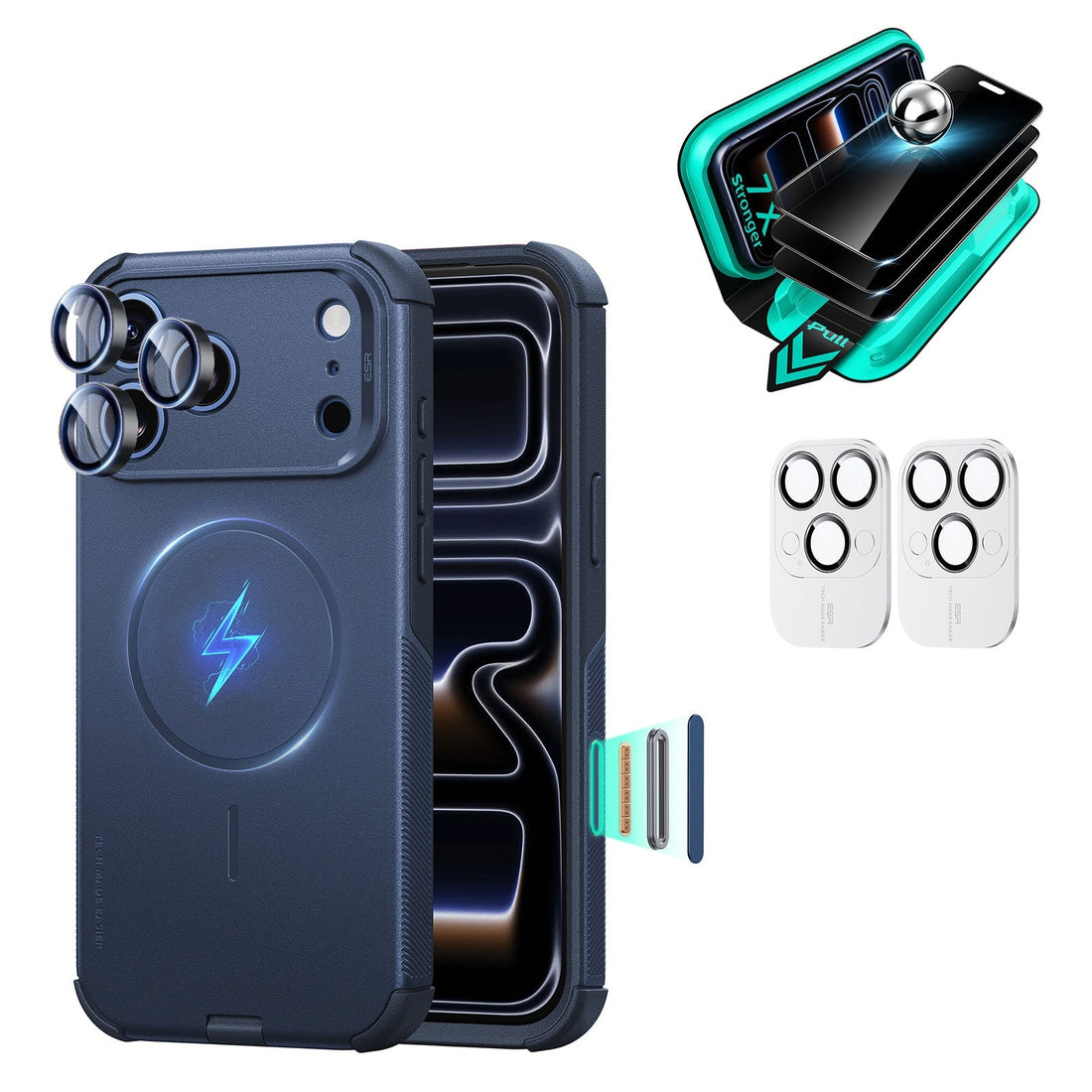 Navy blue iPhone 18 Pro Cyber Tough Magsafe Case  with armorite tempered glass privacy screen protector and camera lens protector