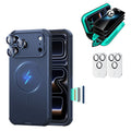 Navy blue iPhone 18 Pro Cyber Tough Magsafe Case  with armorite tempered glass privacy screen protector and camera lens protector