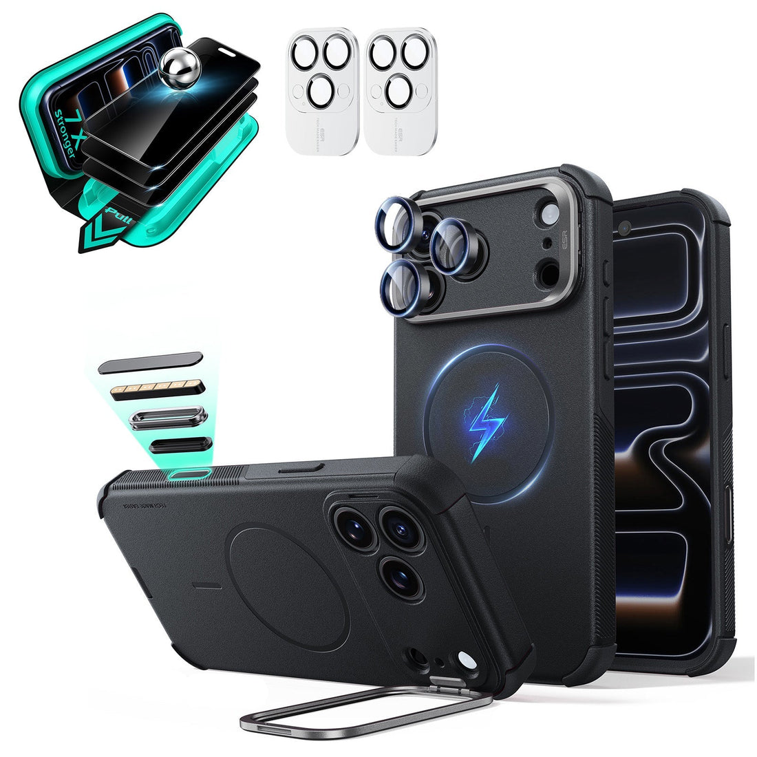 Black iPhone 18 Pro Cyebr Tough Magsafe Phone Case with Stand pair tempered glass privacy screen protector and camera lens protector