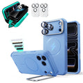 Blue iPhone 18 Pro Cyebr Tough Magsafe Phone Case with Stand pair tempered glass privacy screen protector and camera lens protector