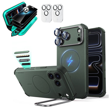 Green iPhone 18 Pro Cyebr Tough Magsafe Phone Case with Stand pair tempered glass privacy screen protector and camera lens protector