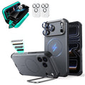 Gray iPhone 18 Pro Cyebr Tough Magsafe Phone Case with Stand pair tempered glass privacy screen protector and camera lens protector