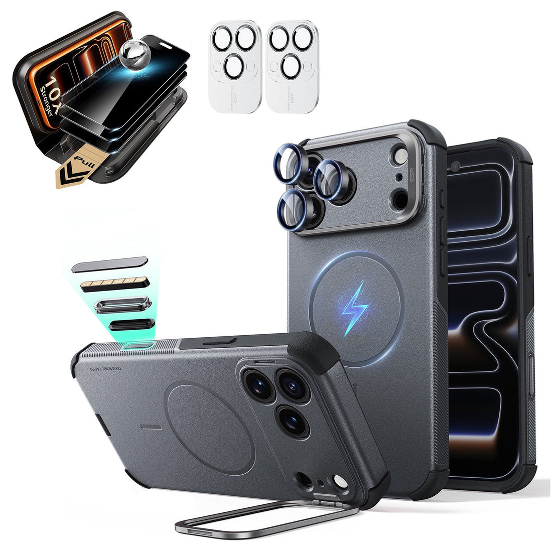 Gray iPhone 18 Pro Cyebr Tough Magsafe Phone Case with Stand pair corning glass privacy screen protector and camera lens protector