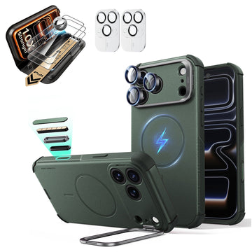 Green iPhone 18 Pro Cyebr Tough Magsafe Phone Case with Stand pair corning glass  screen protector and camera lens protector
