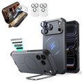 Gray iPhone 18 Pro Cyebr Tough Magsafe Phone Case with Stand pair corning glass  screen protector and camera lens protector