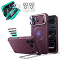 Burgundy iPhone 18 Pro Cyebr Tough Magsafe Phone Case with Stand pair tempered glass screen protector and camera lens protector
