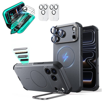 Gray iPhone 18 Pro Cyebr Tough Magsafe Phone Case with Stand pair tempered glass screen protector and camera lens protector