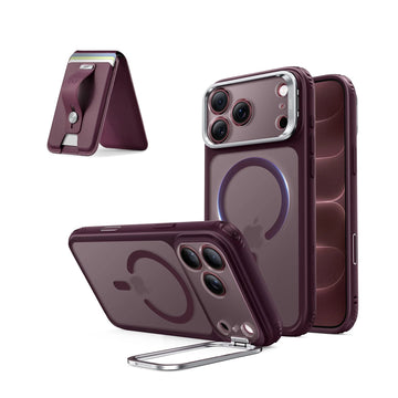 iPhone 18 Pro Classic Hybrid Magnetic Case with Camera Control and Flex Stand, Plus Geo Wallet Stand Bundle - Burgundy