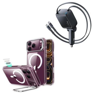 iPhone 18 Pro Classic Hybrid Magnetic Case with Camera Control and Flex Stand, Plus Xtend 100W Retractable Car Charger Bundle - Clear