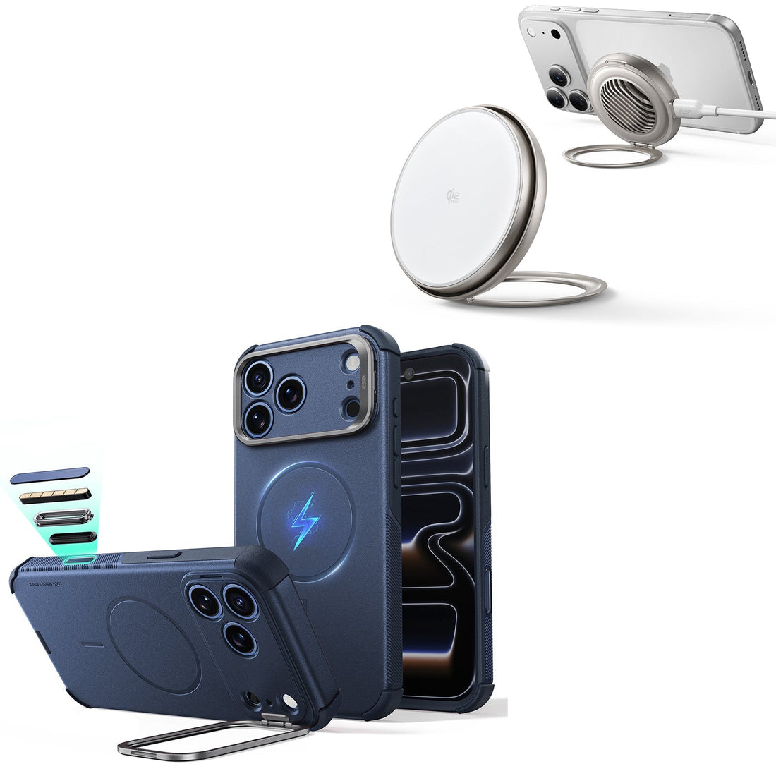 iPhone 18 Pro Cyber Tough Magnetic Case with Camera Control and Flex Stand, Plus Cyclone 25W Magnetic Charging Pad Bundle - Navy Blue