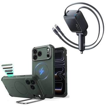 iPhone 18 Pro Cyber Tough Magnetic Case with Camera Control and Flex Stand, Plus Xtend 100W Retractable Car Charger Bundle - Olive Green