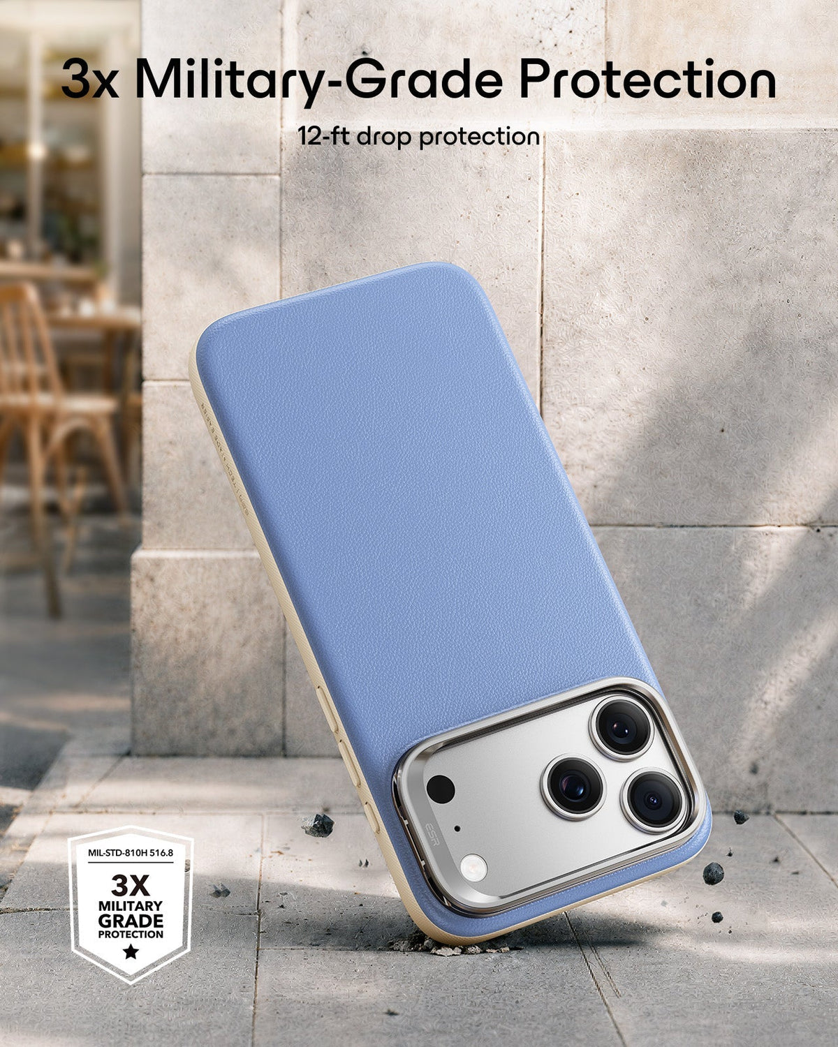 Misty Blue Vegan Leather iPhone 18 Pro Max Magsafe Case with Stand 3x Military-Grade Protection