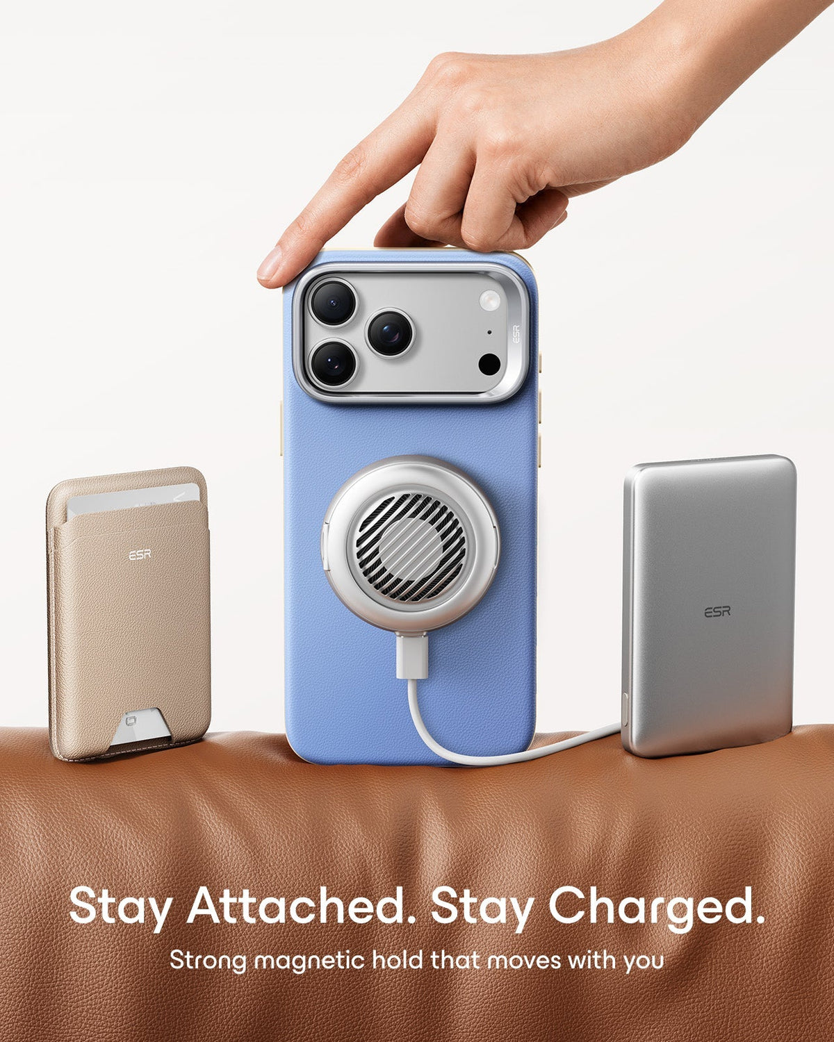 Misty Blue Vegan Leather iPhone 18 Pro Max Magsafe Case with Stand Stay Attached. Stay Charged.