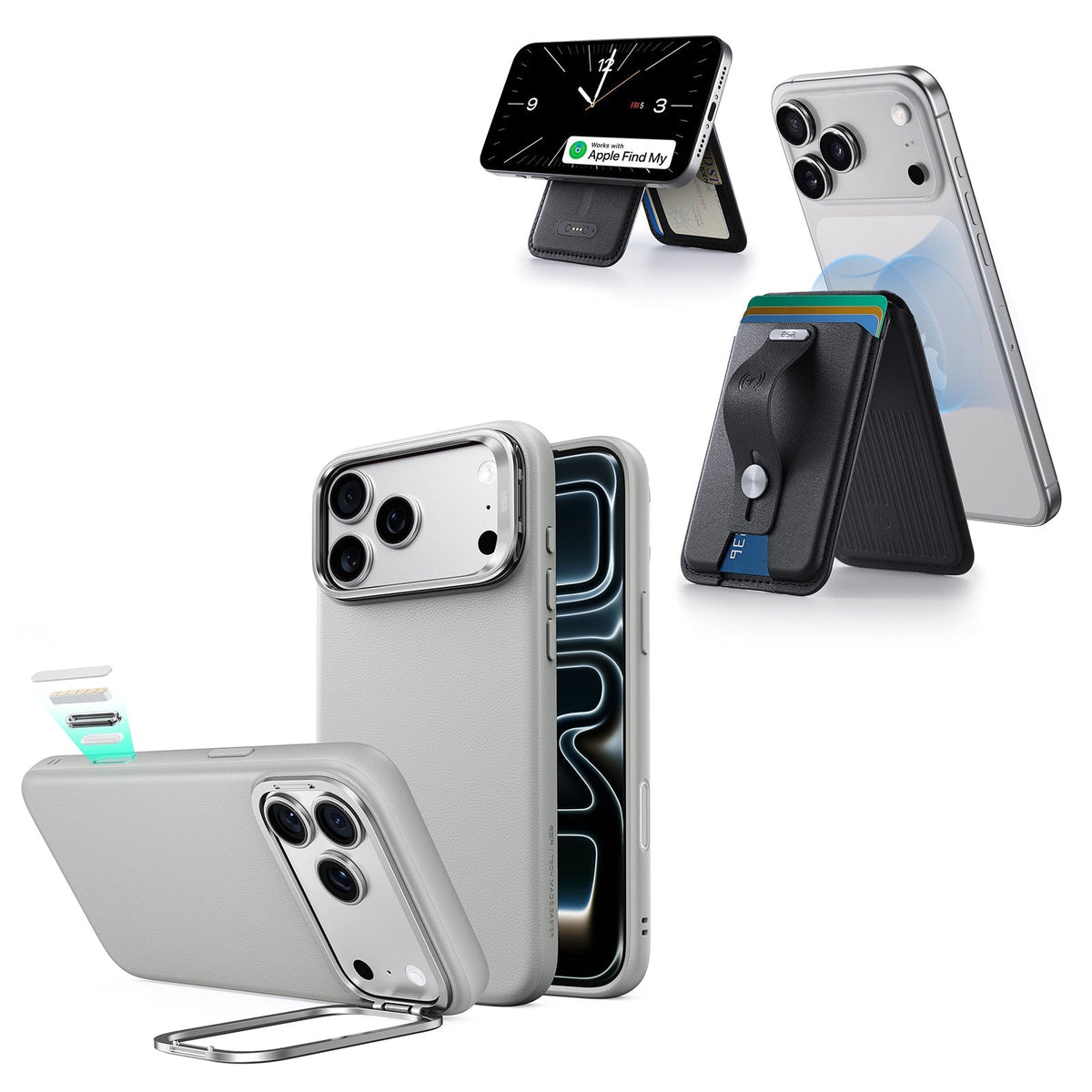iPhone 18 Pro Max Atelier Vegan Leather Magnetic Case with Camera Control and Flex Stand, Plus Geo Wallet Stand Bundle - Gray