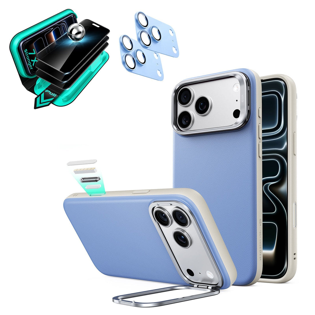 Blue Vegan Leather iPhone 18 Pro Max Magsafe Phone Case with Stand pair tempered glass privacy screen protector and camera lens protector