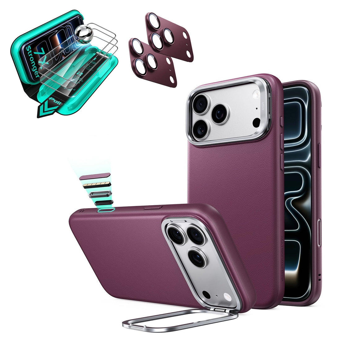 Burgundy Vegan Leather iPhone 18 Pro Max Magsafe Phone Case with Stand pair tempered glass screen protector and camera lens protector