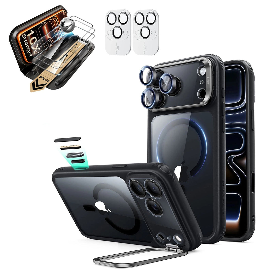 Clear Black iPhone 18 Pro Max Magsafe Slim Phone Case with Stand pair corning glass screen protector and camera lens protector
