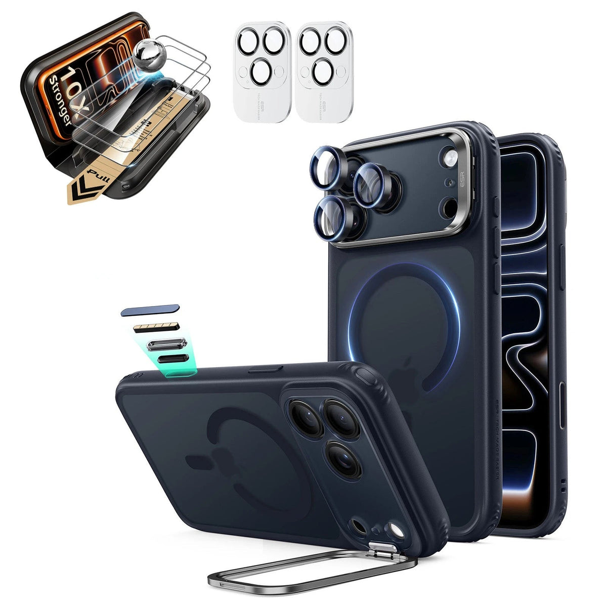 Frosted Blue iPhone 18 Pro Max Magsafe Slim Phone Case with Stand pair corning glass screen protector and camera lens protector