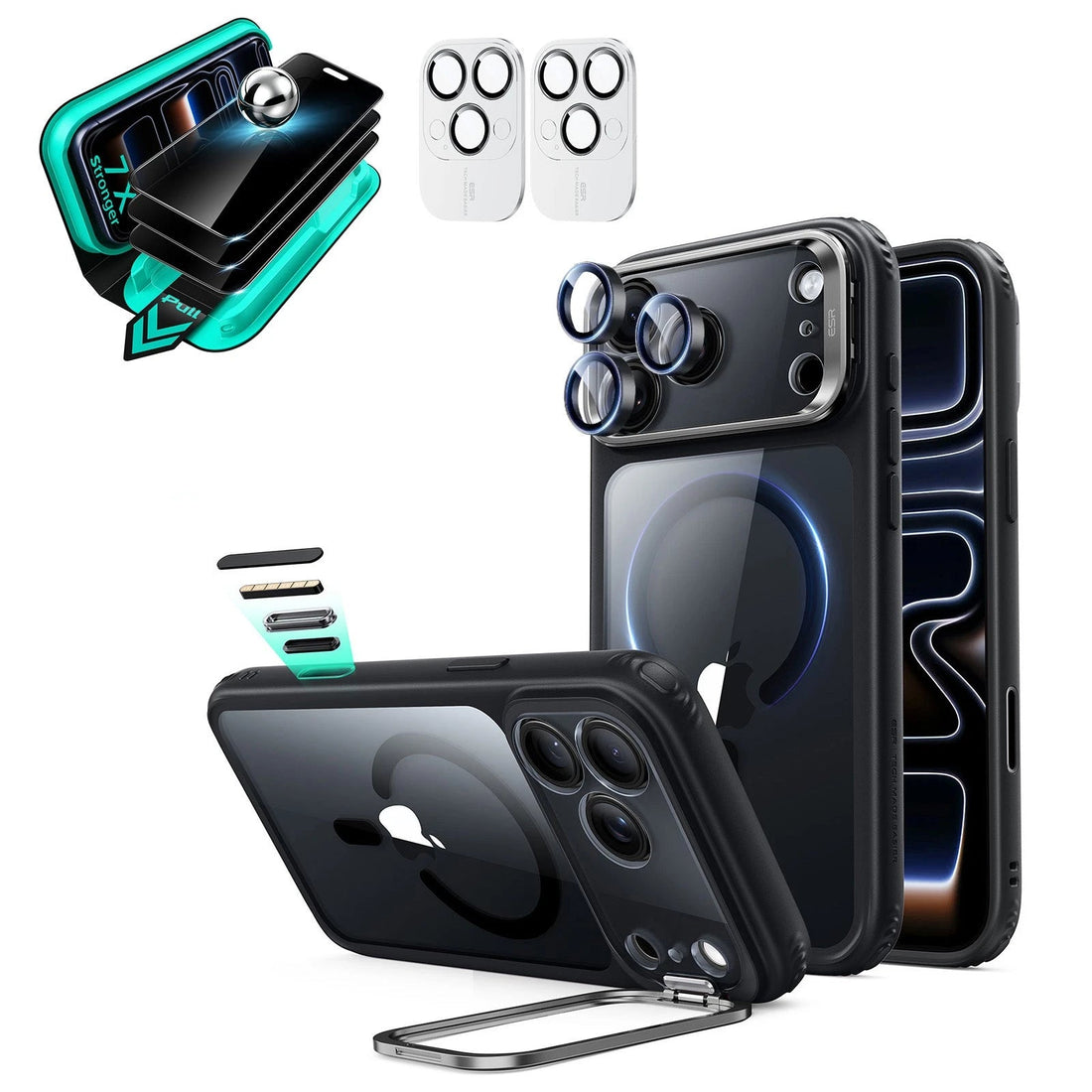 Clear Black iPhone 18 Pro Max Magsafe Slim Phone Case with Stand pair tempered glass privacy screen protector and camera lens protector