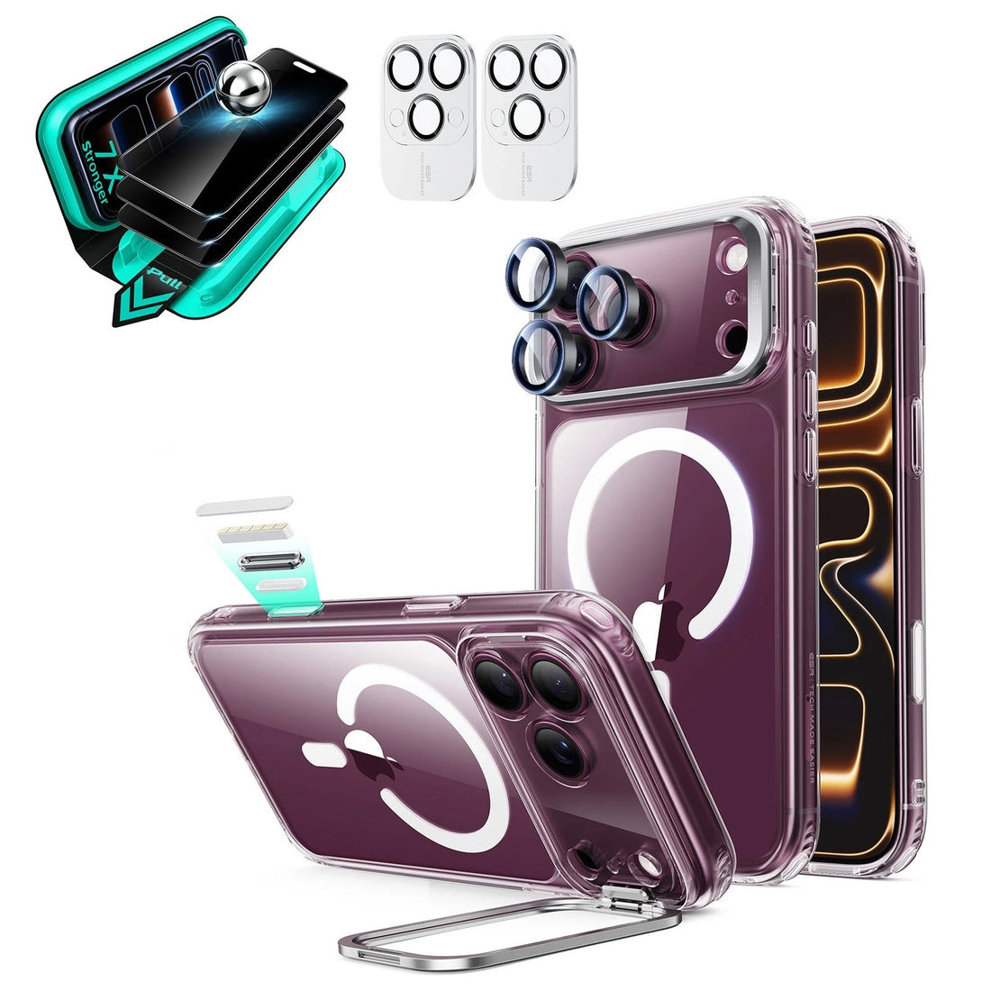 Clear iPhone 18 Pro Max Magsafe Slim Phone Case with Stand pair tempered glass privacy screen protector and camera lens protector