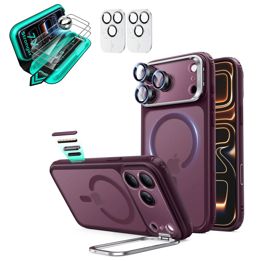 Frosted Burgundy iPhone 18 Pro Max Magsafe Slim Phone Case with Stand pair tempered glass screen protector and camera lens protector