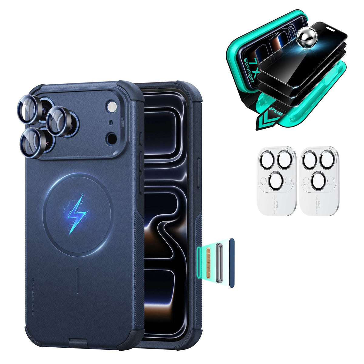 Navy Blue iPhone 18 Pro Max Cyber Tough Magsafe Case  with armorite tempered glass privacy screen protector and camera lens protector
