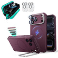 Burgundy iPhone 18 Pro Max Cyebr Tough Magsafe Phone Case with Stand pair tempered glass privacy screen protector and camera lens protector
