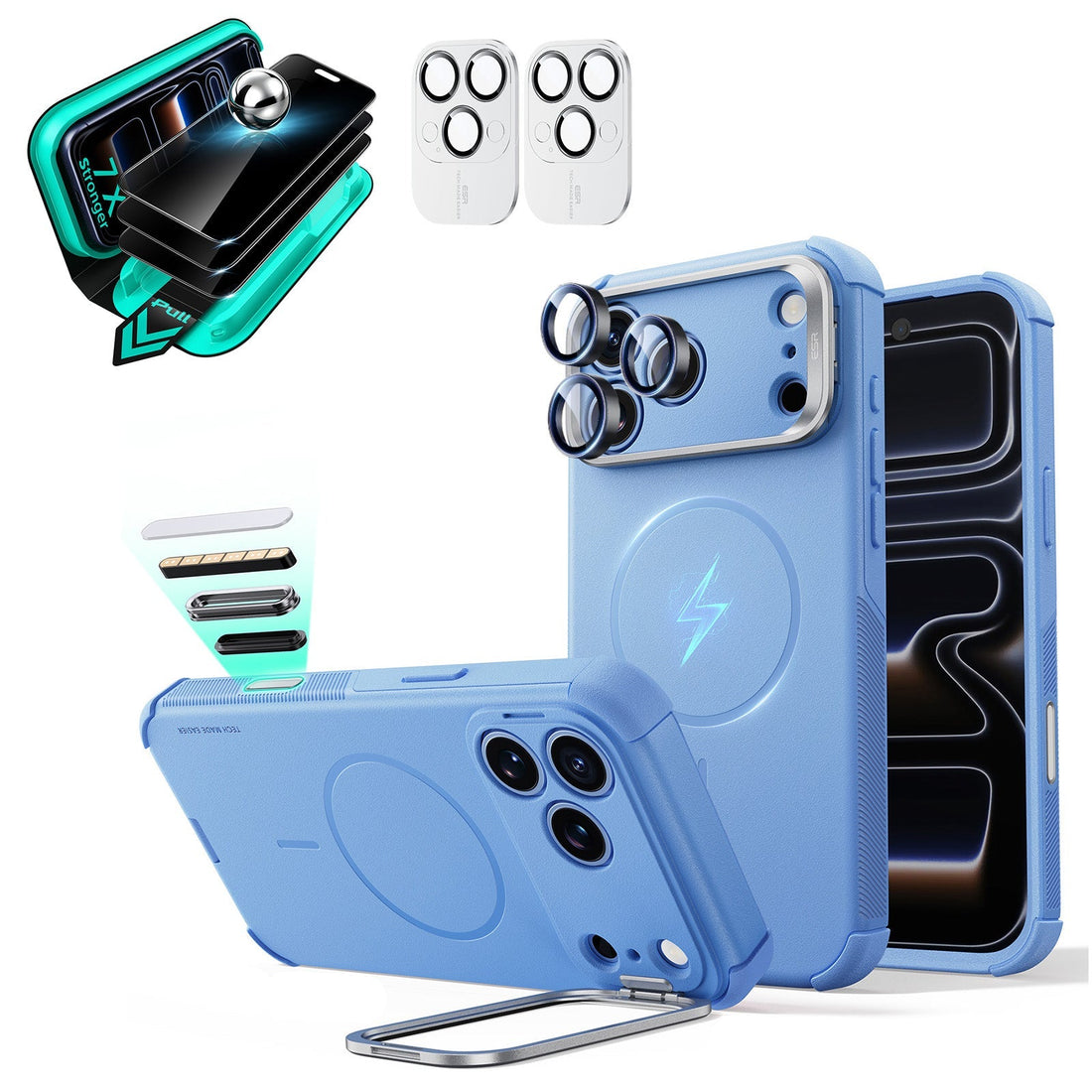 Blue iPhone 18 Pro Max Cyebr Tough Magsafe Phone Case with Stand pair tempered glass privacy screen protector and camera lens protector