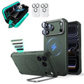 Green iPhone 18 Pro Max Cyebr Tough Magsafe Phone Case with Stand pair tempered glass privacy screen protector and camera lens protector