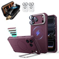 Burgundy iPhone 18 Pro Cyebr Tough Magsafe Phone Case with Stand pair corning glass privacy screen protector and camera lens protector