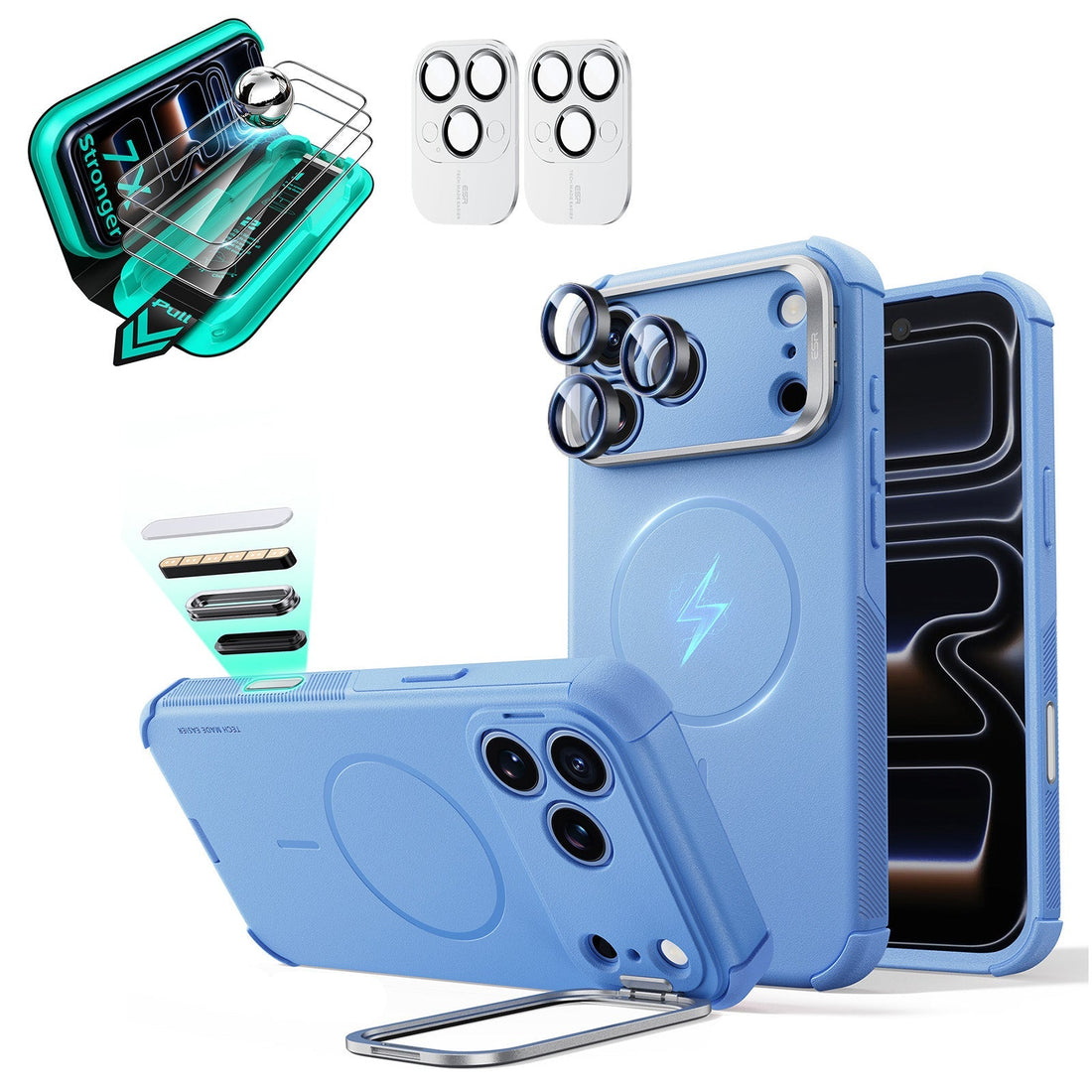 Misty Blue iPhone 18 Pro Max Cyebr Tough Magsafe Phone Case with Stand pair tempered glass screen protector and camera lens protector