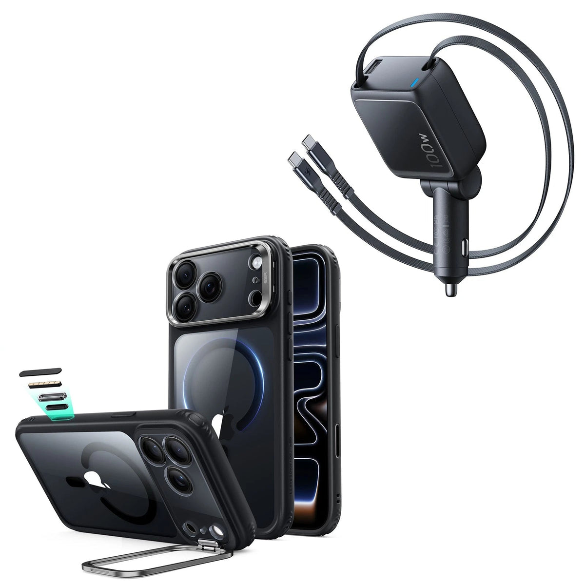 iPhone 18 Pro Max Classic Hybrid Magnetic Case with Camera Control and Flex Stand, Plus Xtend 100W Retractable Car Charger Bundle - Clear Black