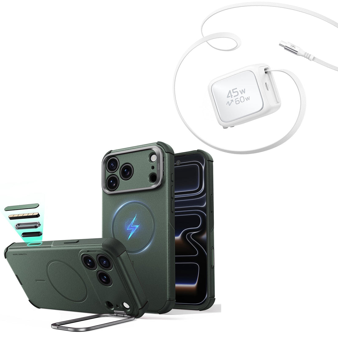 iPhone 18 Pro Max Cyber Tough Magnetic Case with Camera Control and Flex Stand, Plus Xtend 45W Retractable Charger Bundle - Olive Green