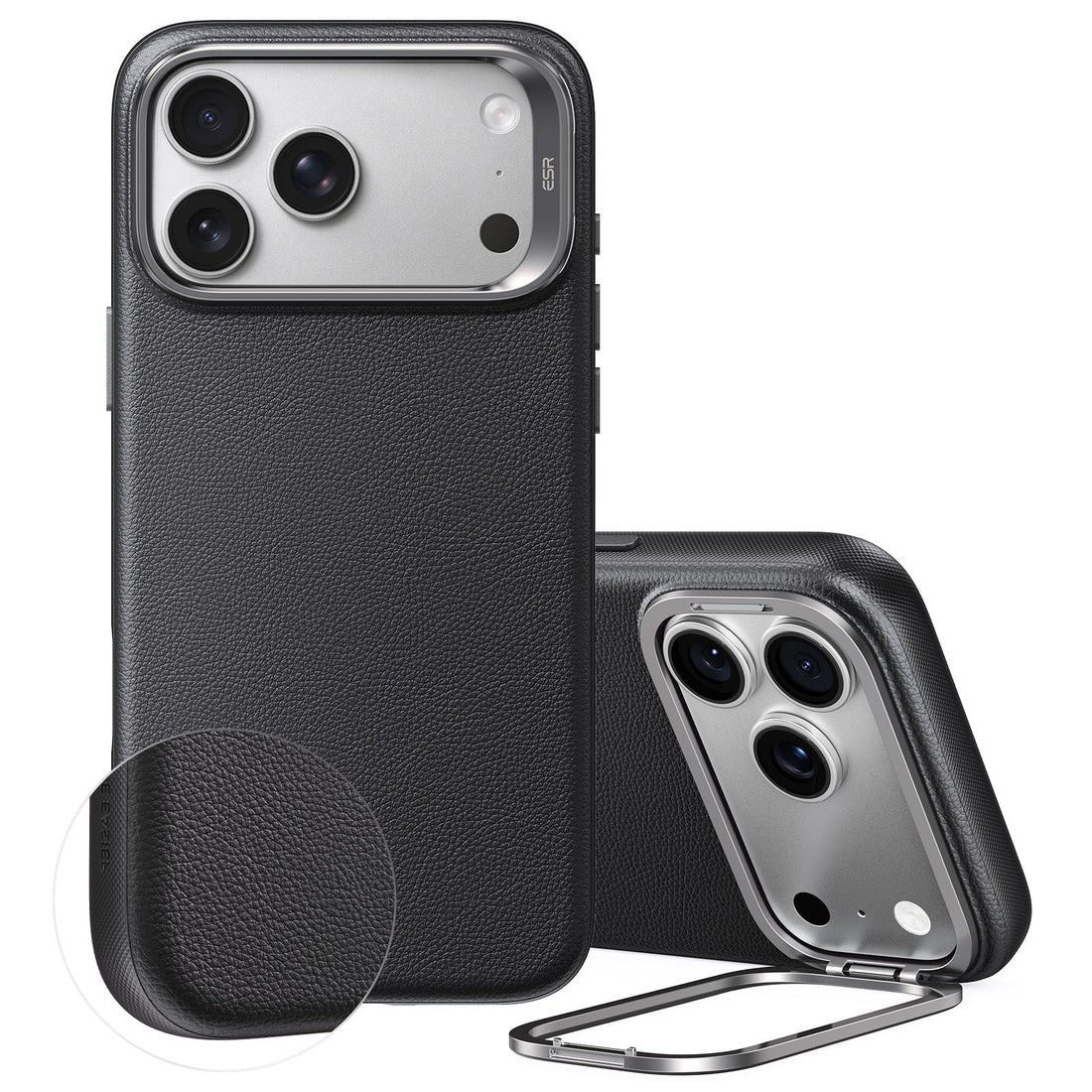 Black Vegan Leather iPhone 18 Pro Magsafe Case with Stand