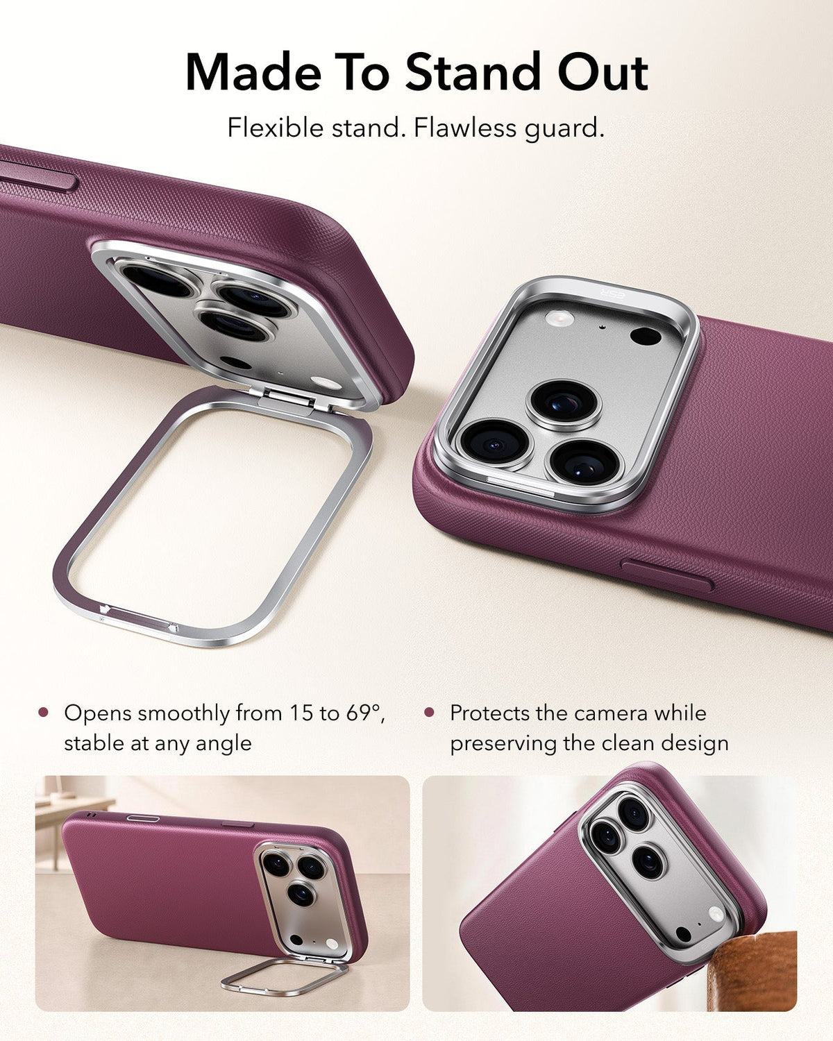 ESR Deep Burgundy Leather iPhone 18 Pro Magsafe Case with Stand Made To Stand Out