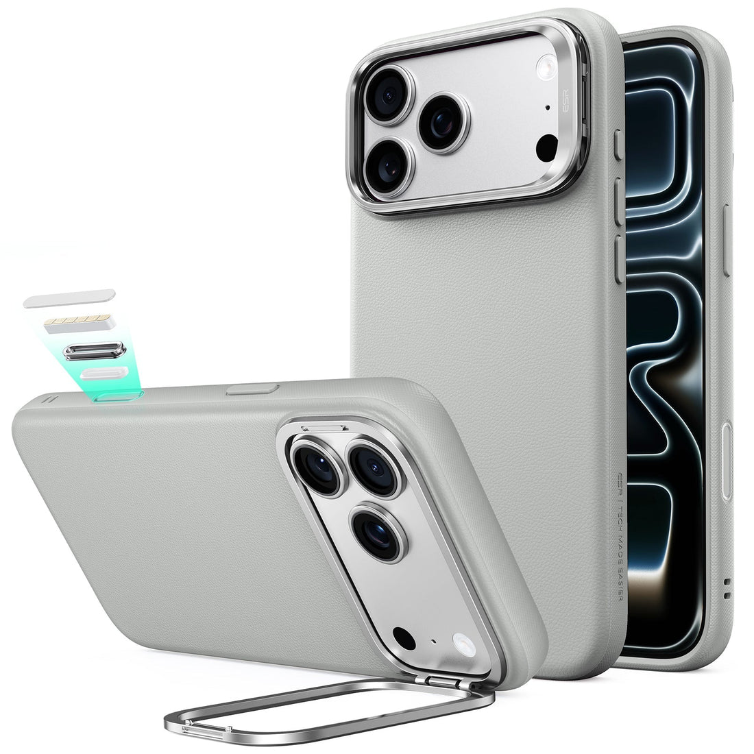 Light Gray Leather iPhone 18 Pro Magsafe Case with Stand