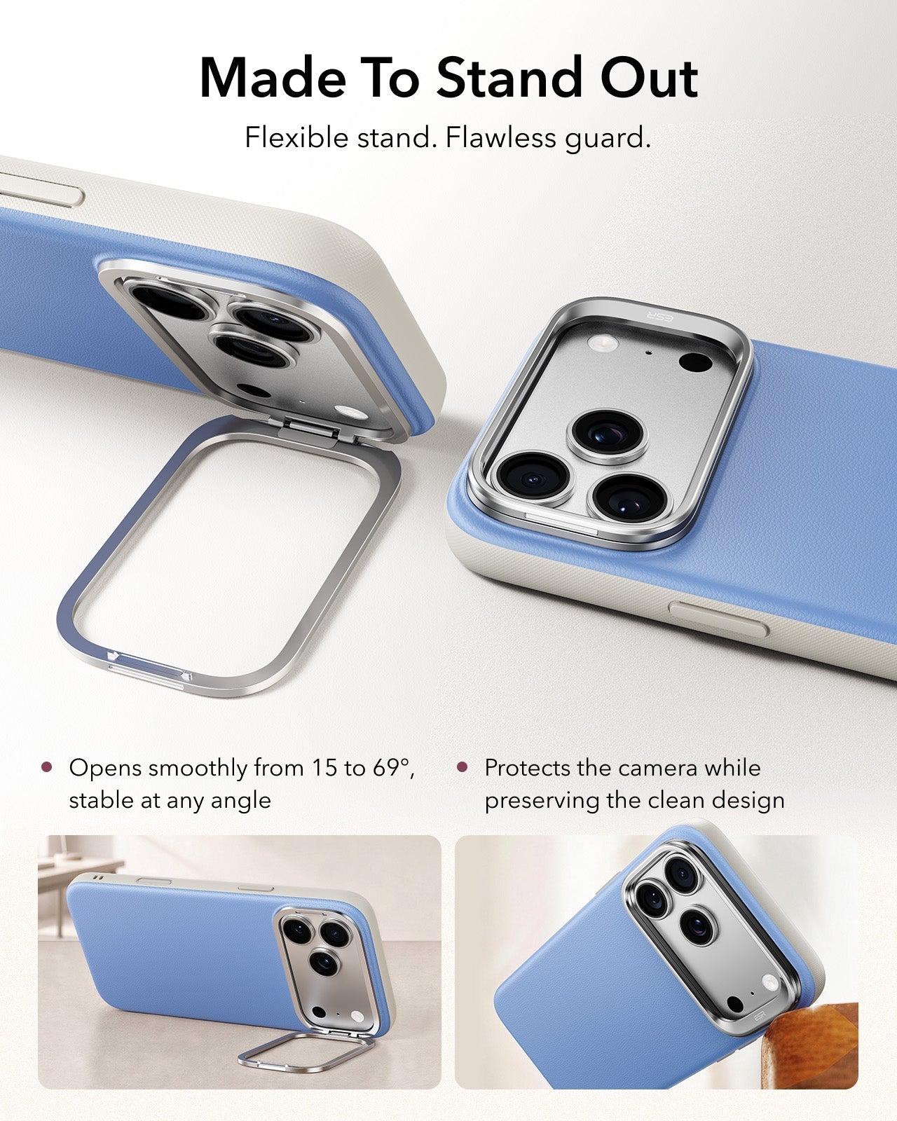ESR Misty Blue Leather iPhone 18 Pro Magsafe Case with Stand Made To Stand Out
