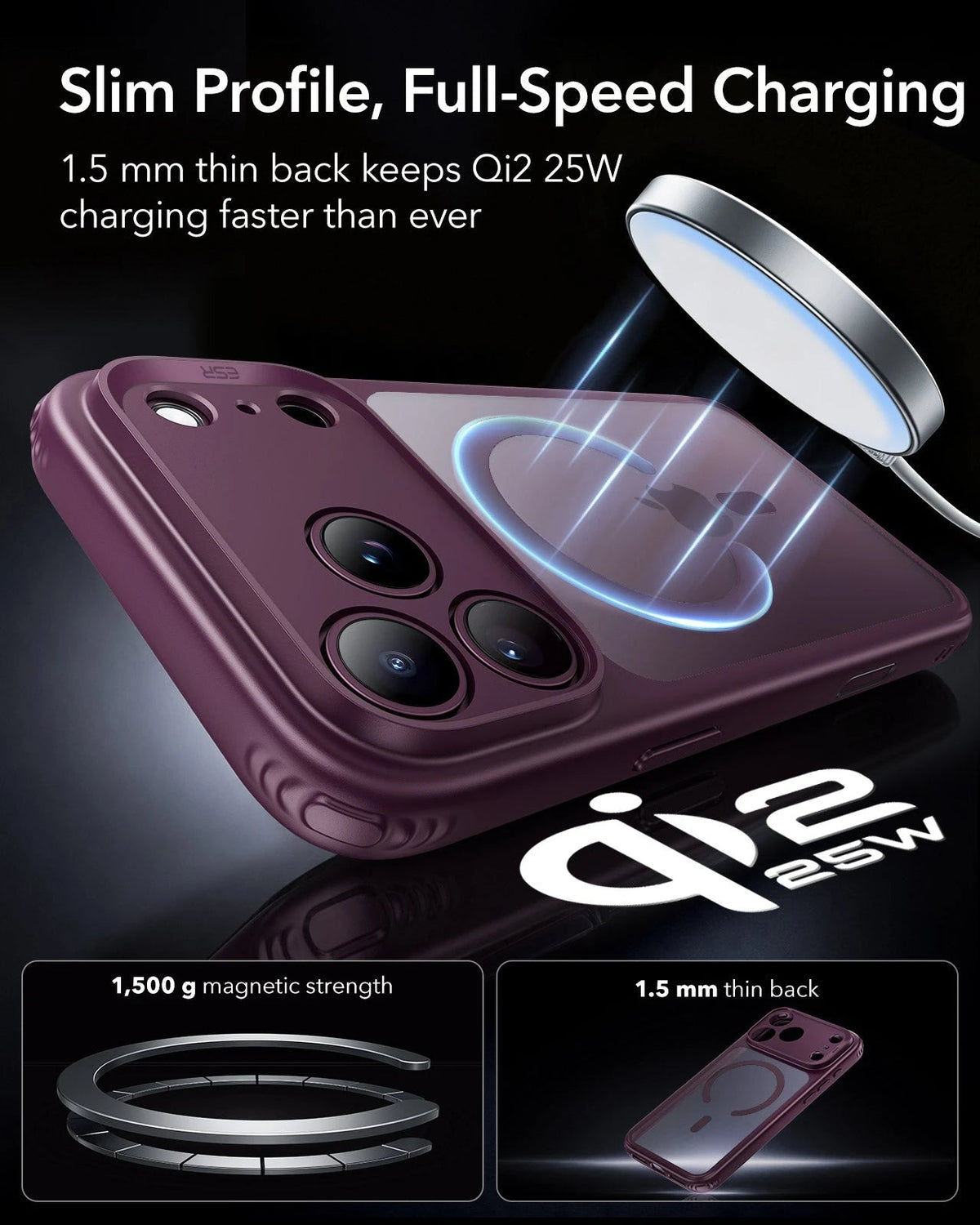 ESR Frosted Deep Burgundy iPhone 18 Pro Magsafe Slim Phone Case Slim Profile, Full-Speed Charging