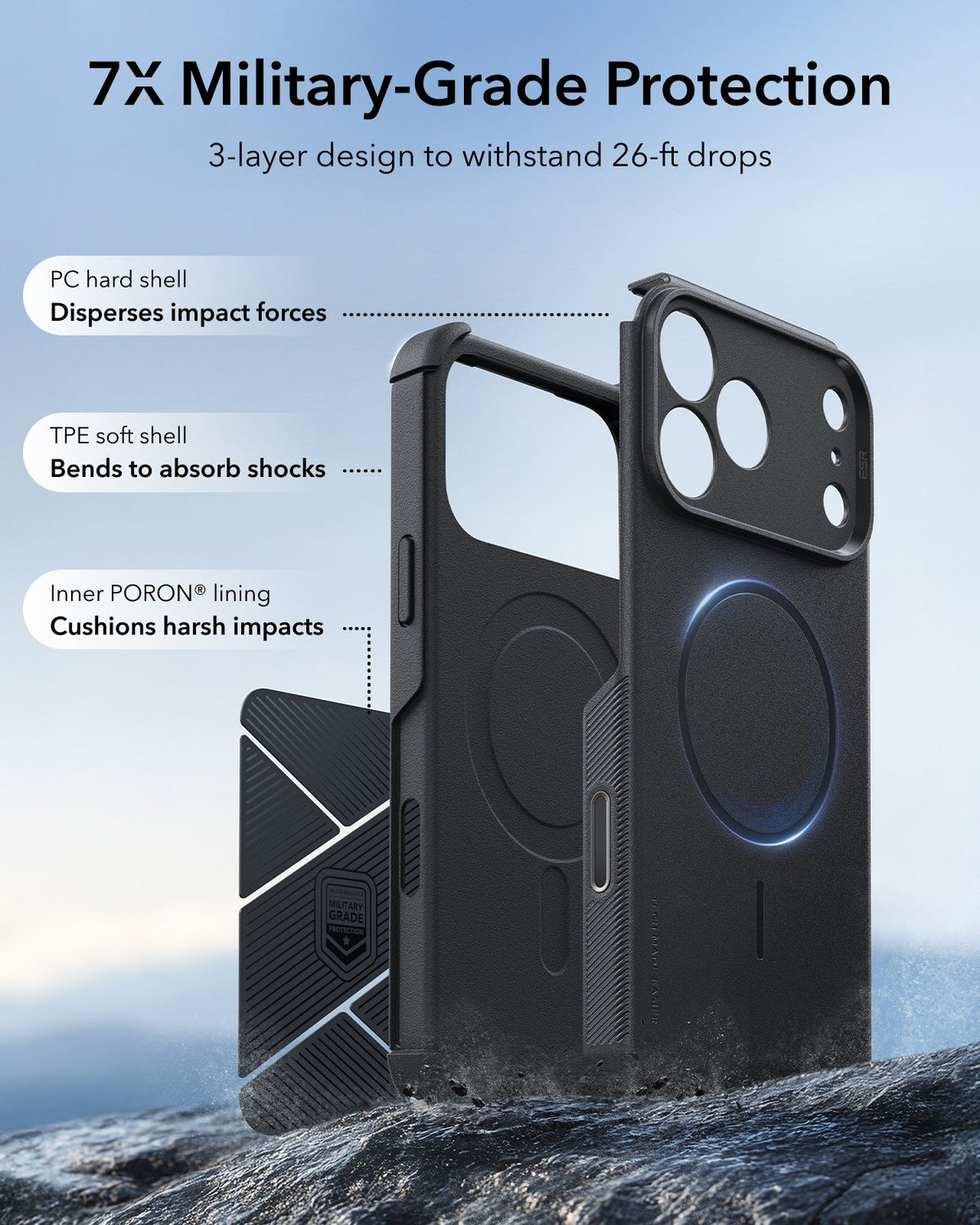 ESR Black iPhone 18 Pro Case Tough Phone Case with Magsafe 7X Military-Grade Protection