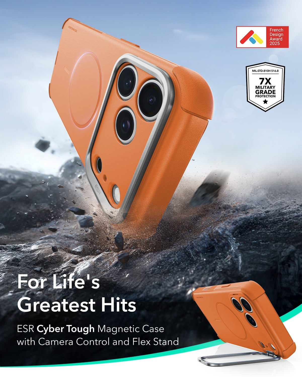 ESR Orange iPhone 18 Pro Tough Phone Case Magsafe with Stand For Life's Greatest Hits