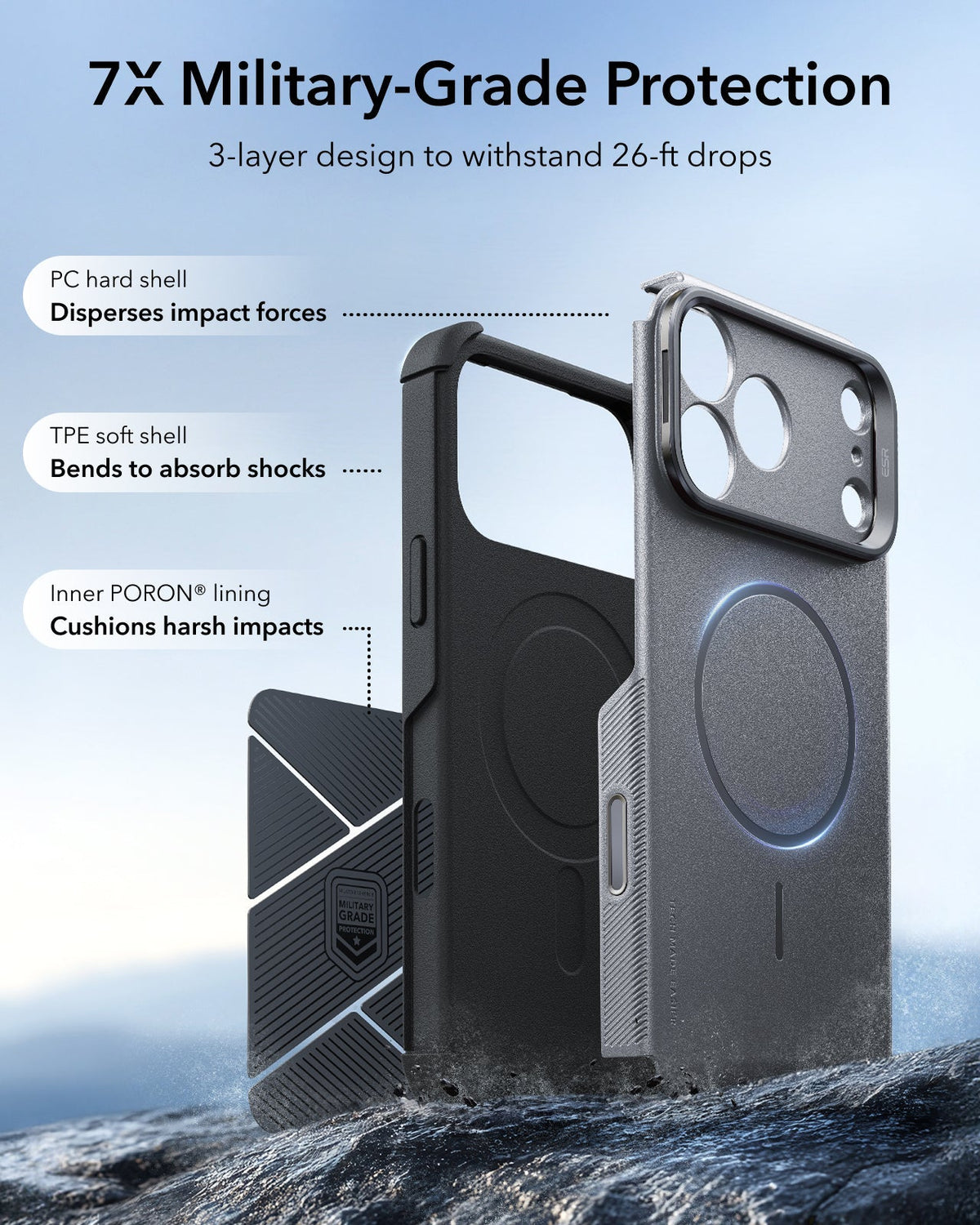 ESR Space Gray iPhone 18 Pro Tough Phone Case Magsafe with Stand 7X Military-Grade Protection