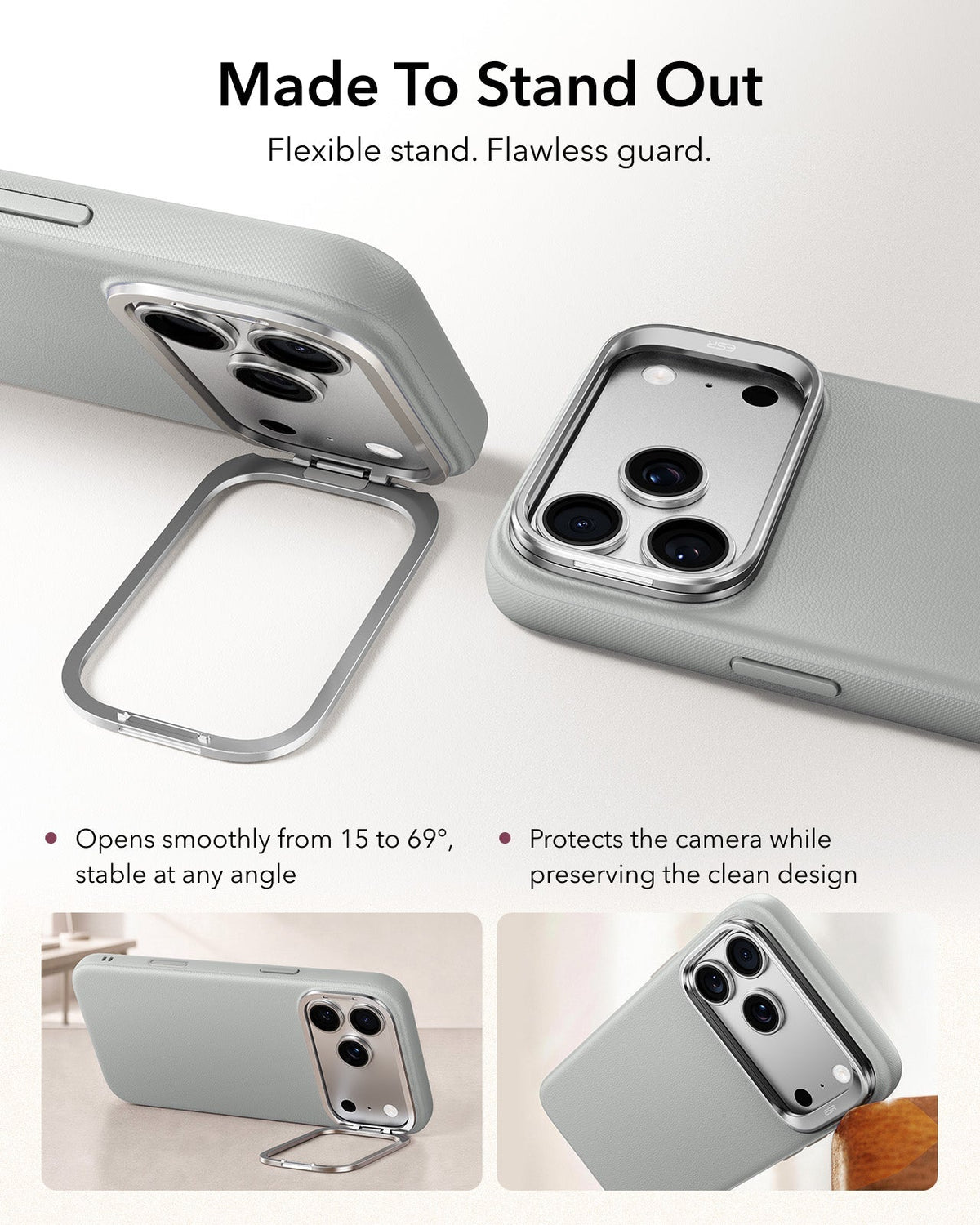 ESR Light Gray Leather iPhone 18 Pro Max Magsafe Case with Stand Made To Stand Out